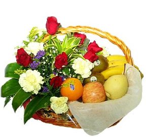 Basket with Flowers & Fruit